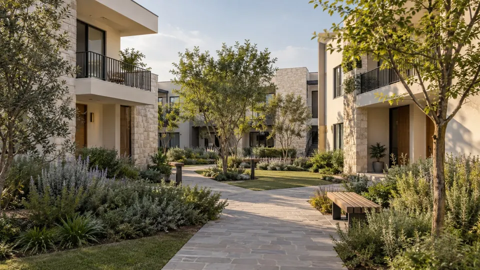 Jardines y senderos cuidados de una comunidad residencial, imagen de ambientación.